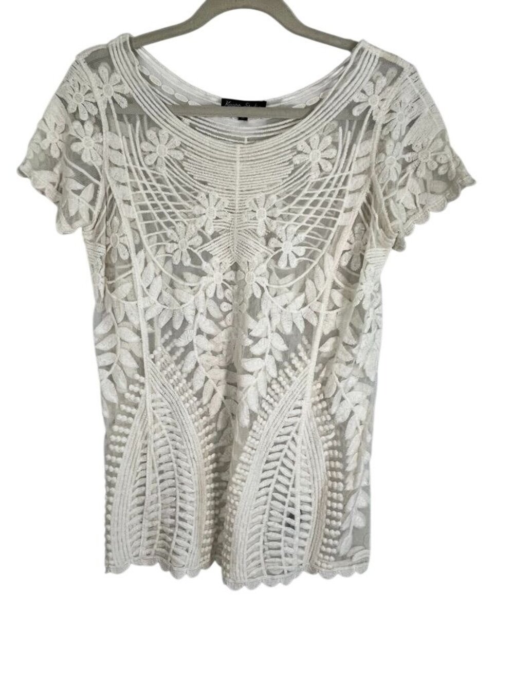 Neutral Floral Sheer Top M Boho Indie Folk Earthy Festival Artsy Western Chic